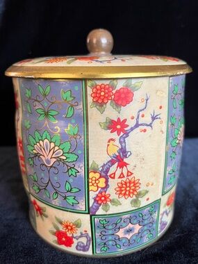 Vintage Floral Colorful Made in England Metal Container Jar With Lid